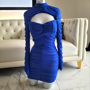 Elegant Blue Ruched Women's Dress Small Sz.